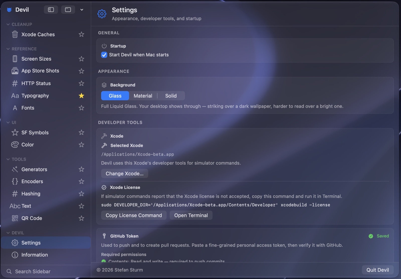 Devil Settings with the Glass background selected, showing the desktop wallpaper through the window.