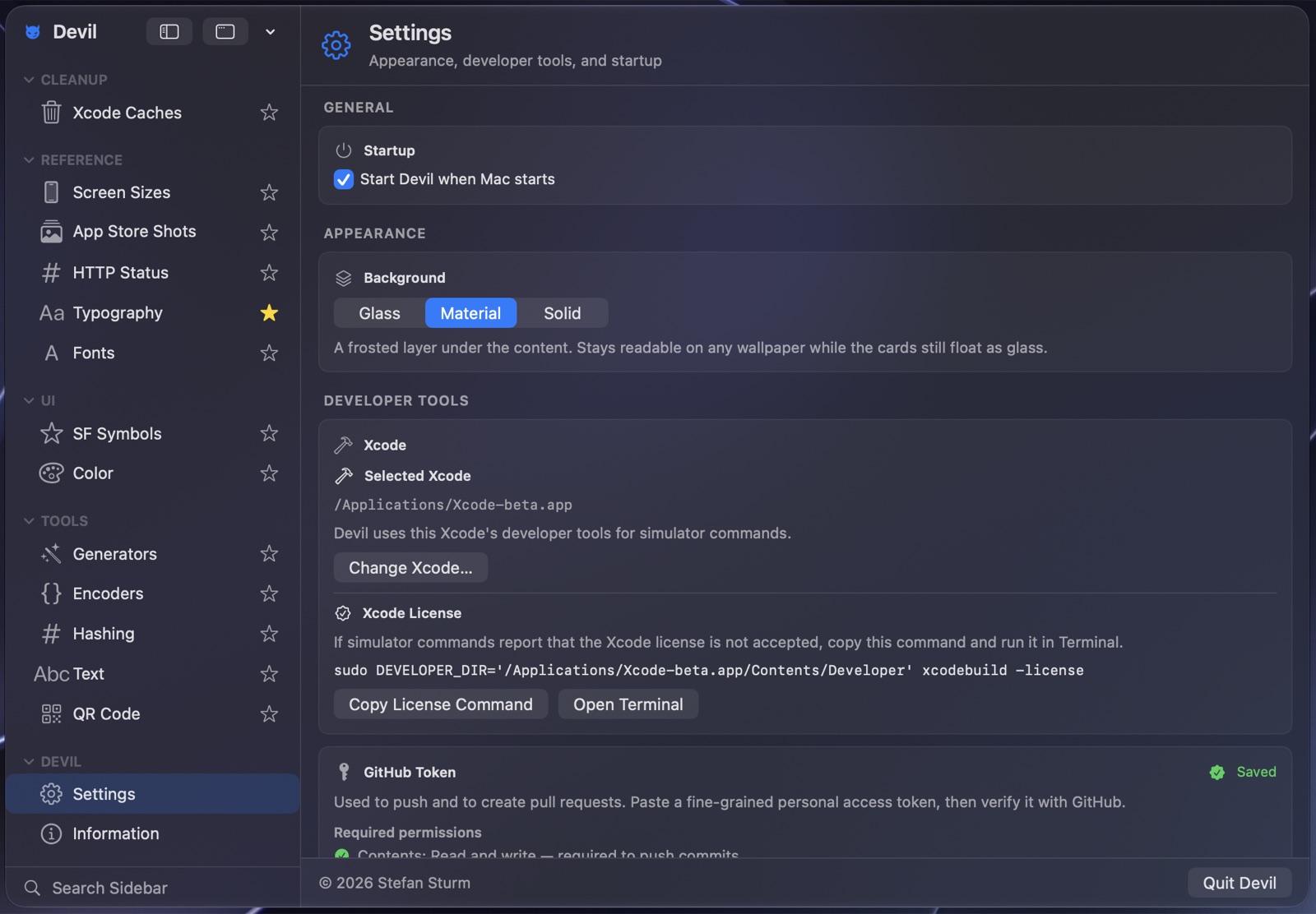 Devil Settings with the Material background selected, showing a frosted layer under the content.