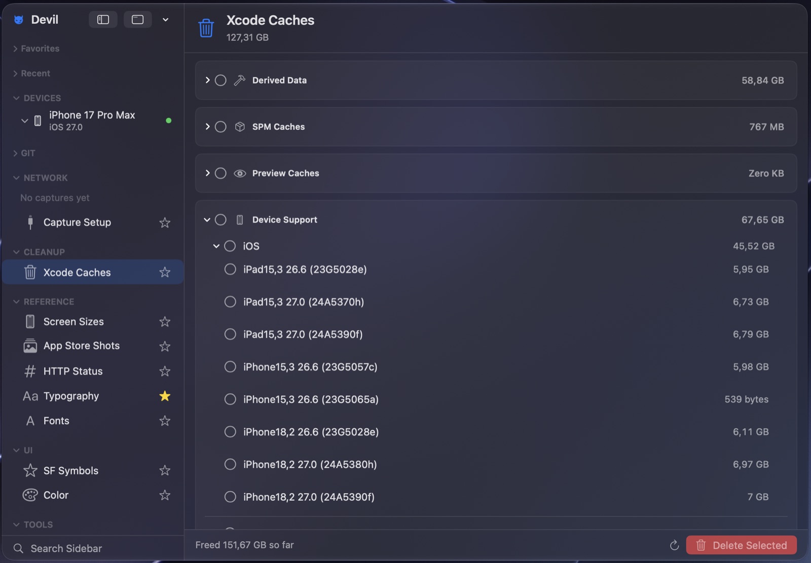Devil Cleanup page listing Derived Data, SPM Caches, Preview Caches, Device Support and Device Logs with sizes, expanded to individual iOS device-support versions.