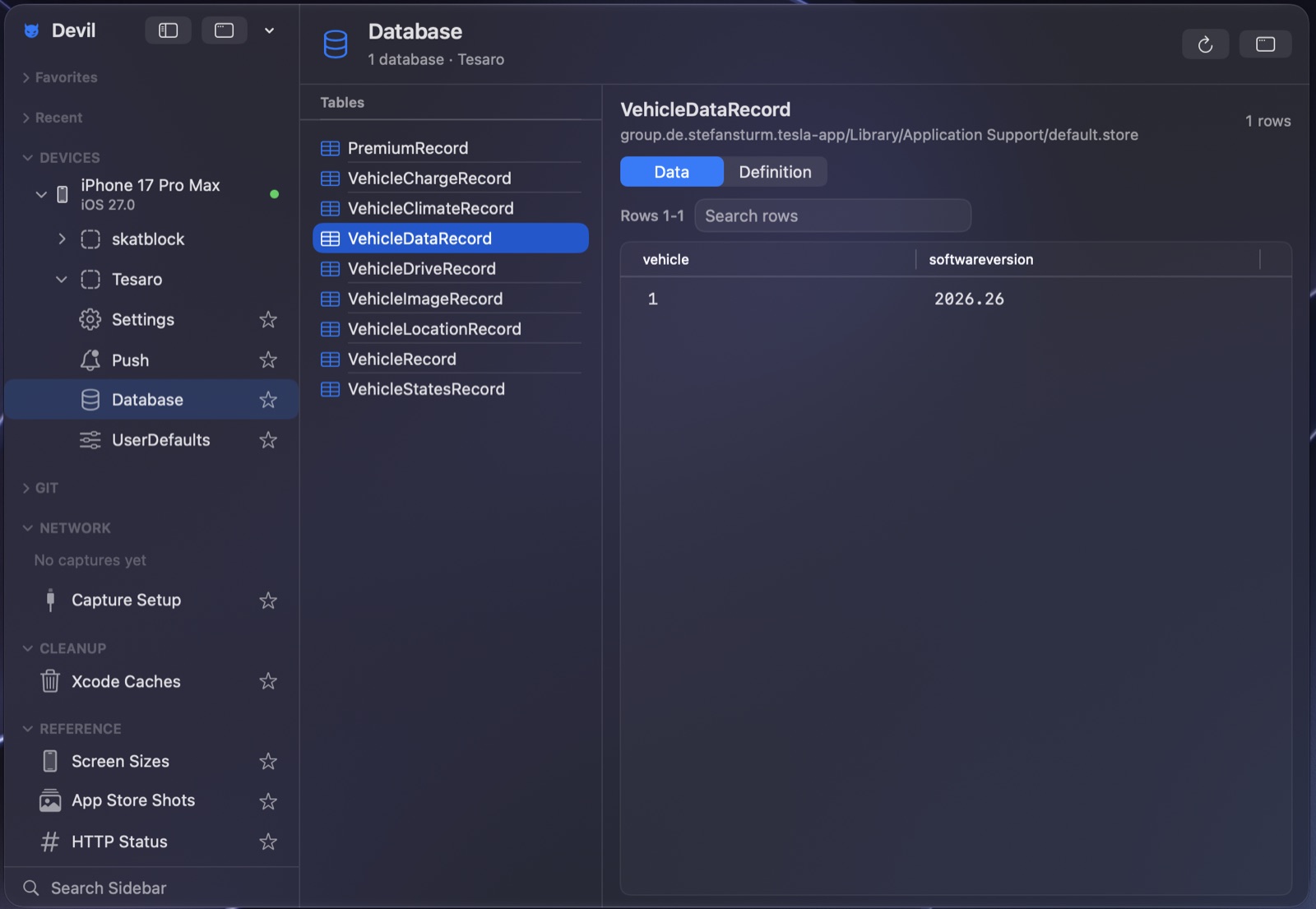 Devil browsing a simulator app's SQLite database, showing the table list, the container path of the selected store, Data and Definition tabs, a row search field, and the rows of a VehicleDataRecord table.