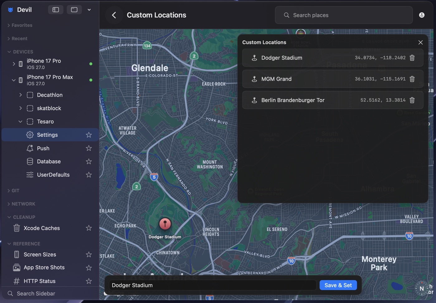 Devil Custom Locations page with a map of Los Angeles, a pin dropped on Dodger Stadium, a place search field, and a saved list holding Dodger Stadium, MGM Grand and Berlin Brandenburger Tor with their coordinates.
