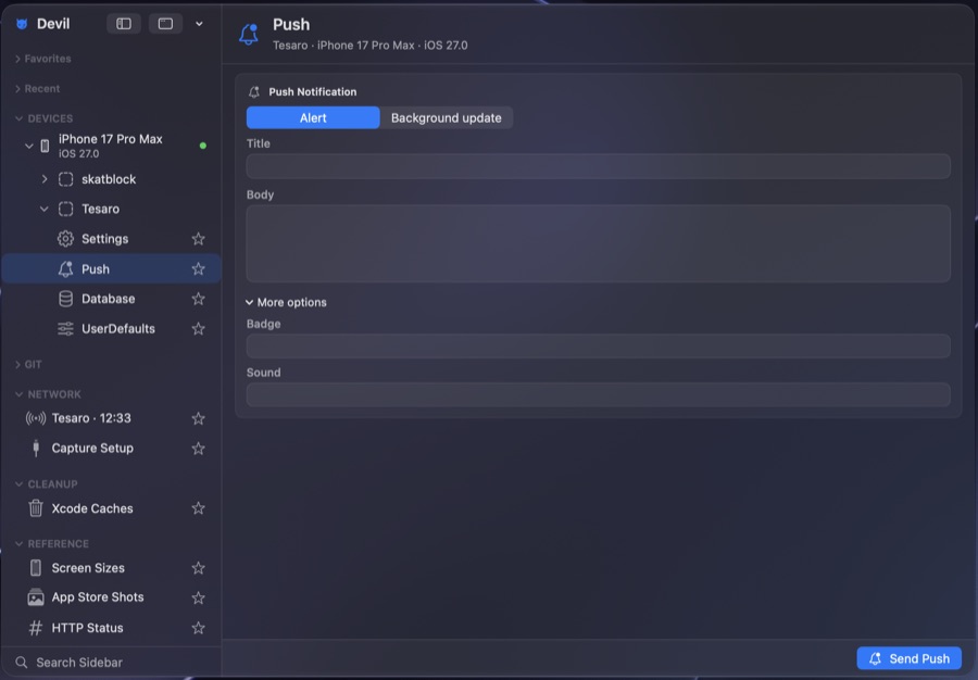 Devil composing a simulator push notification with alert title, body, badge and sound fields.