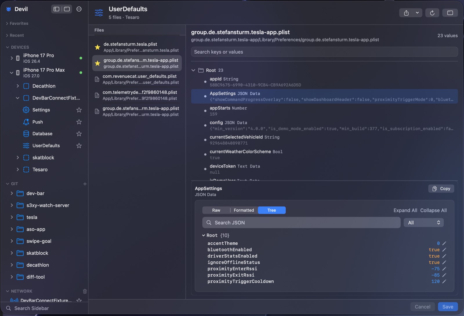 Devil browsing a simulator app's UserDefaults in three columns: the five defaults files in the container, the 23 keys inside the selected app-group plist typed as String, Number, Bool and JSON Data, and the selected AppSettings payload expanded as an editable JSON tree above Cancel and Save.