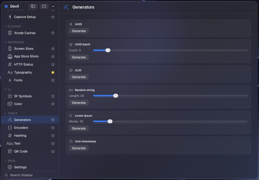 Devil Generators page with UUID, UUID batch, ULID, random string, lorem ipsum and Unix timestamp generators.