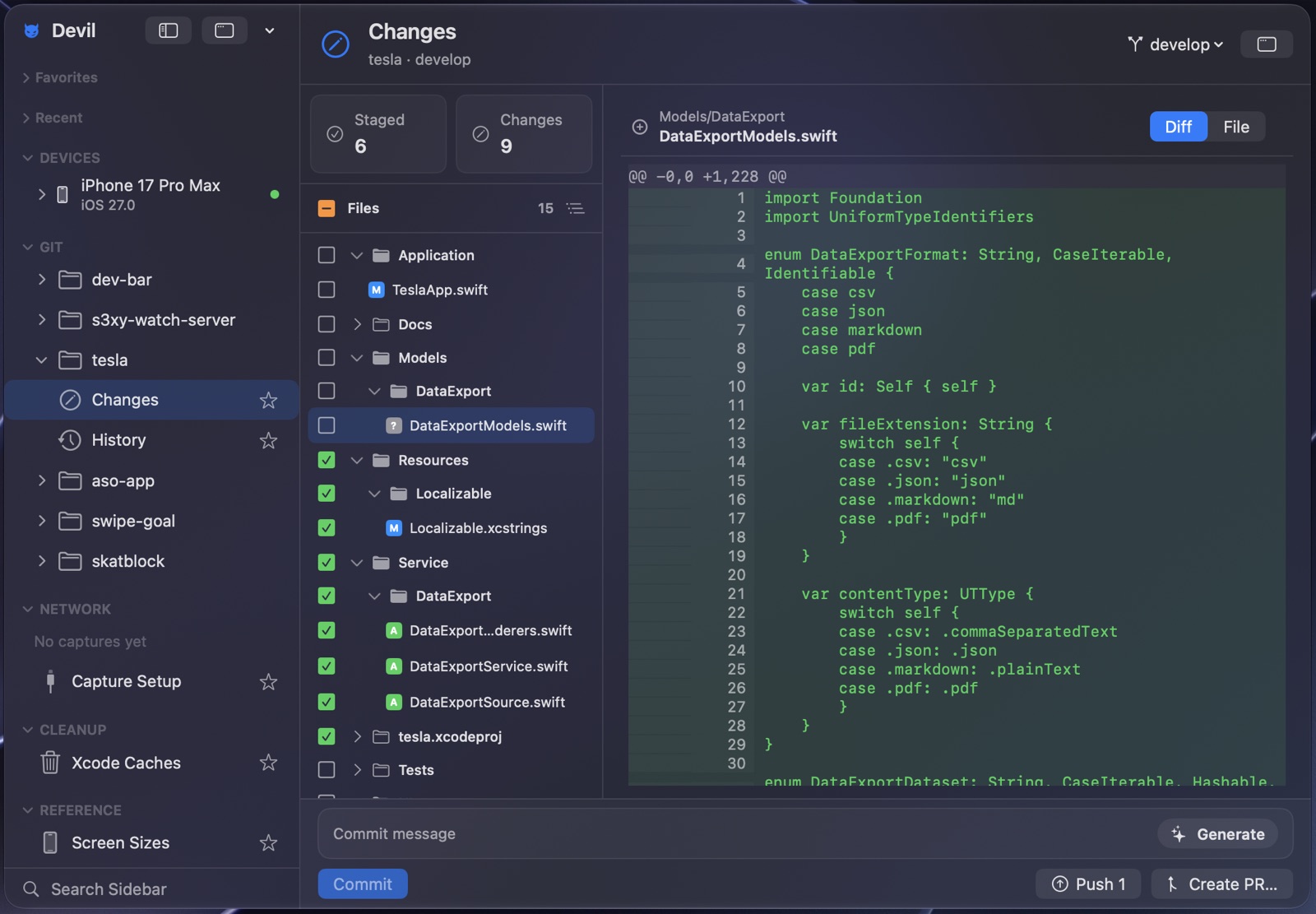 Devil Git Changes page showing staged and unstaged counts, a file tree, an inline Swift diff, and the commit box with Generate, Commit, Push and Create PR actions.