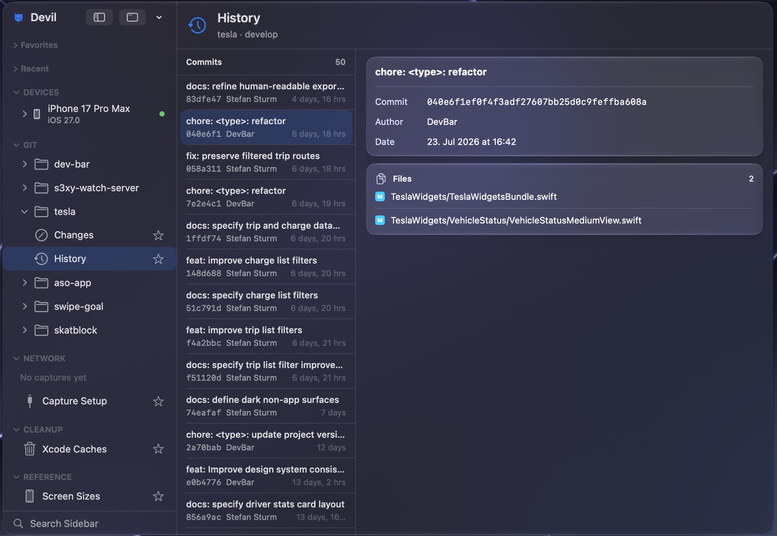 Devil Git History page listing commits with author and age, and the files changed by the selected commit.