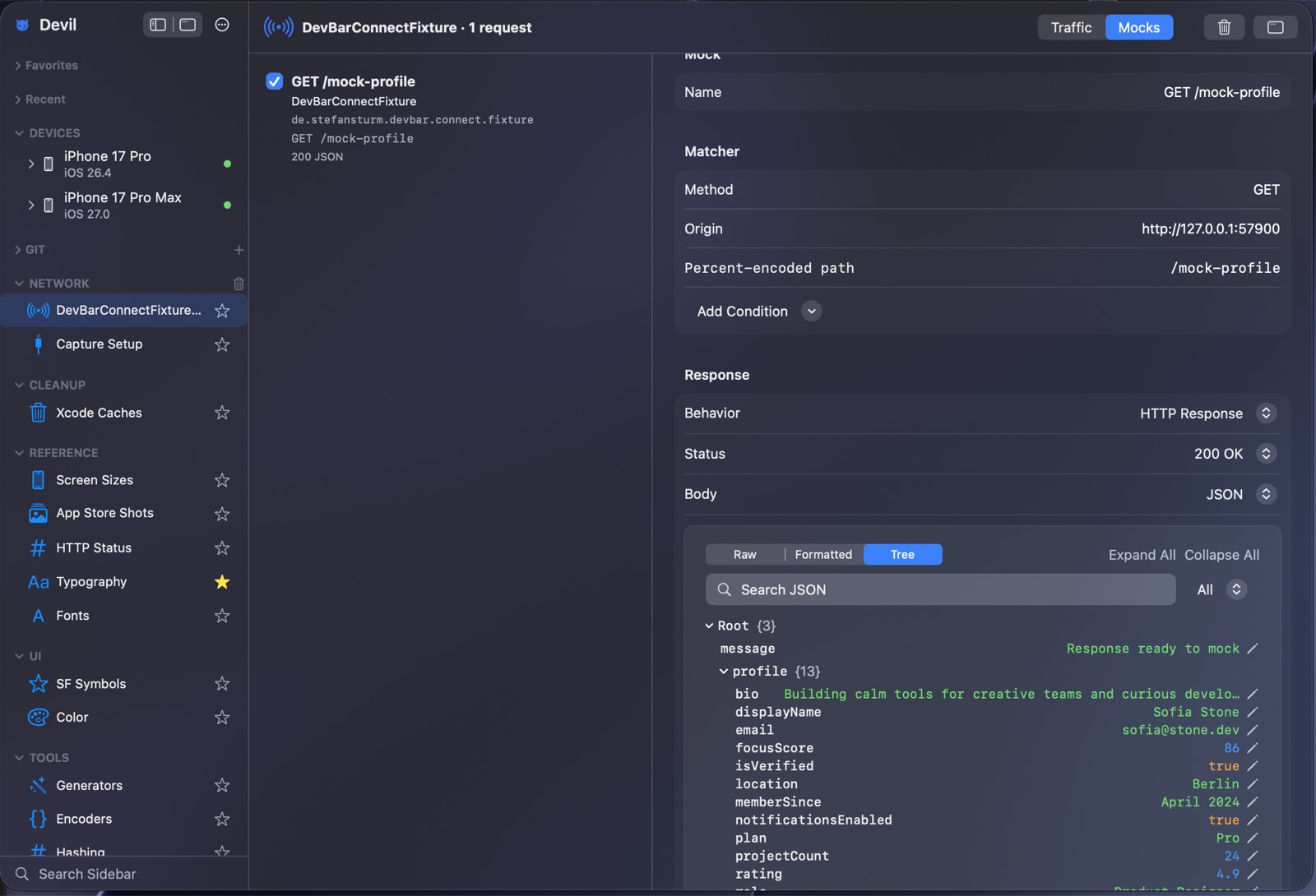 Devil Network Monitor on the Mocks tab, with an enabled GET /mock-profile rule beside its matcher for method, origin and percent-encoded path, an Add Condition control, and a 200 OK JSON response body being edited as a tree.