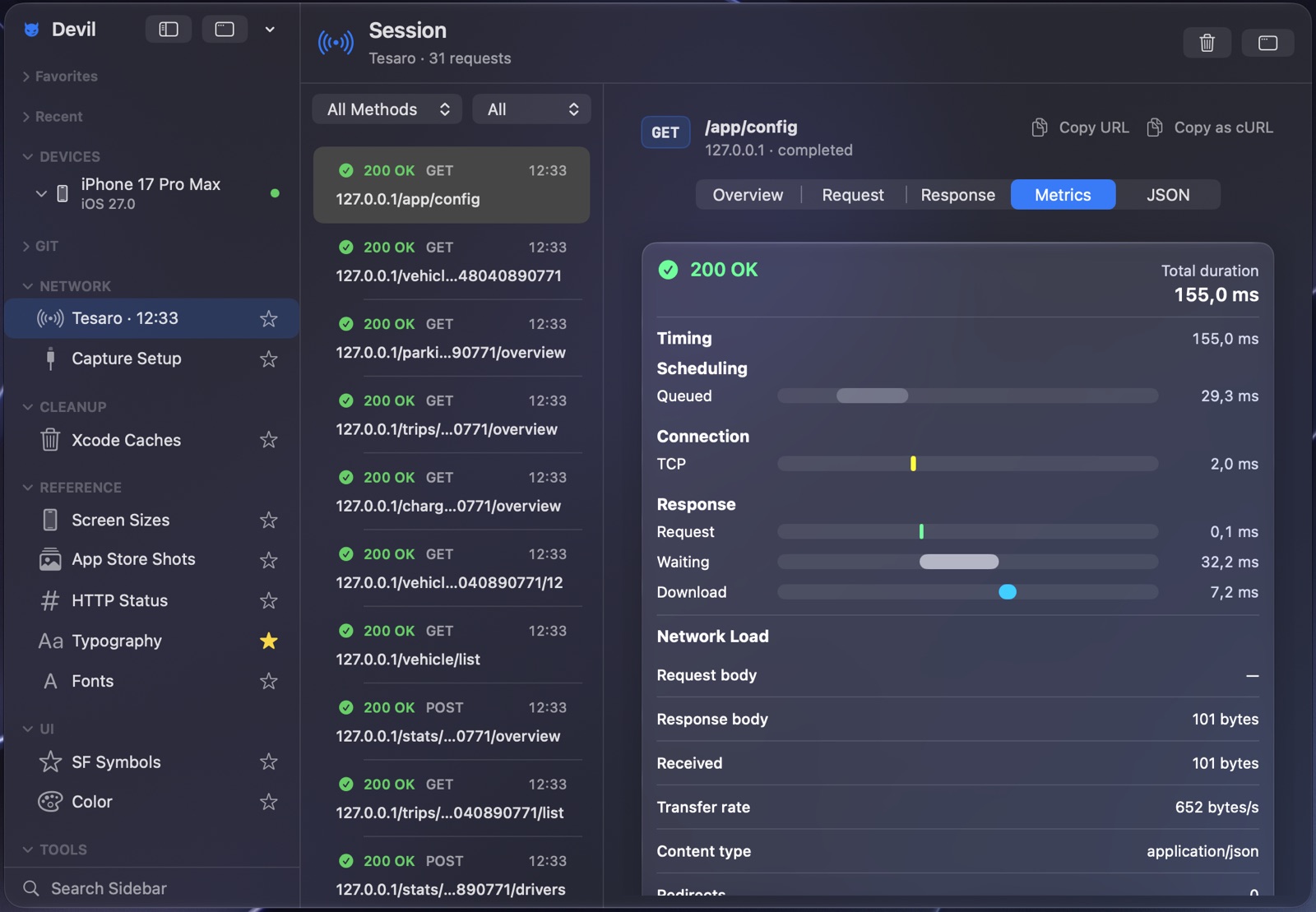 Devil Network Monitor metrics for one request, breaking 155 milliseconds into queued, TCP, request, waiting and download phases, with transfer rate, content type and body sizes below.