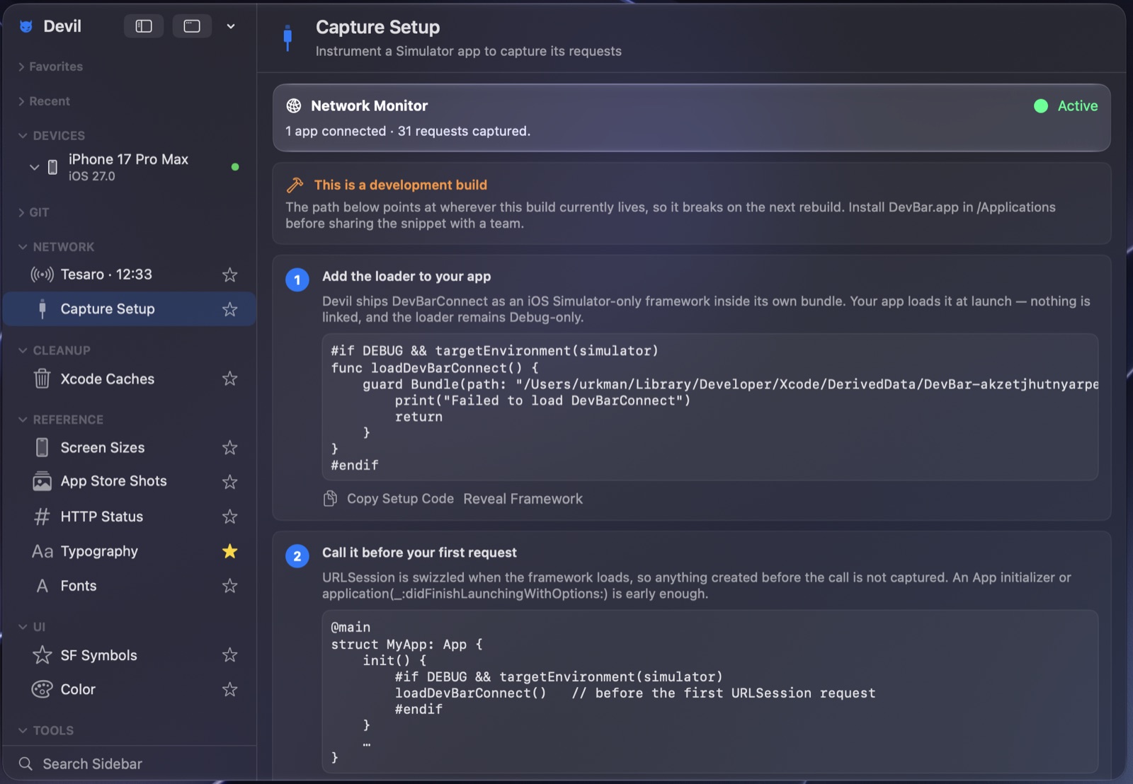 Devil Capture Setup page with an active listener, the generated loadDevBarConnect snippet, and instructions to call it before the first request.