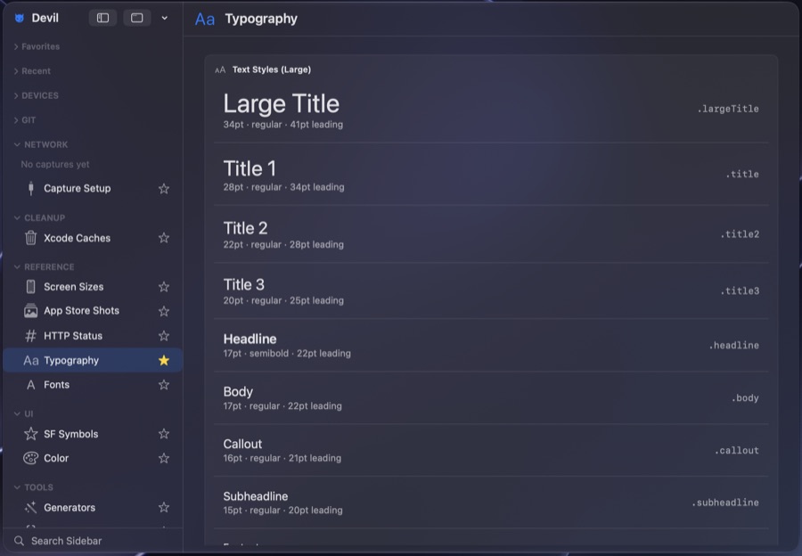 Devil Typography reference showing Apple text styles with point size, weight, leading and the matching SwiftUI token.