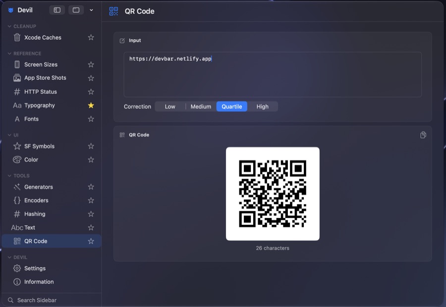 Devil QR Code tool turning a pasted URL into a QR code with selectable error correction levels.