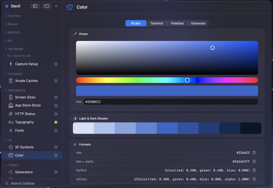 Devil Color picker with a saturation and brightness pad, hue bar, hex field, shade ramp and copyable SwiftUI and UIColor values.