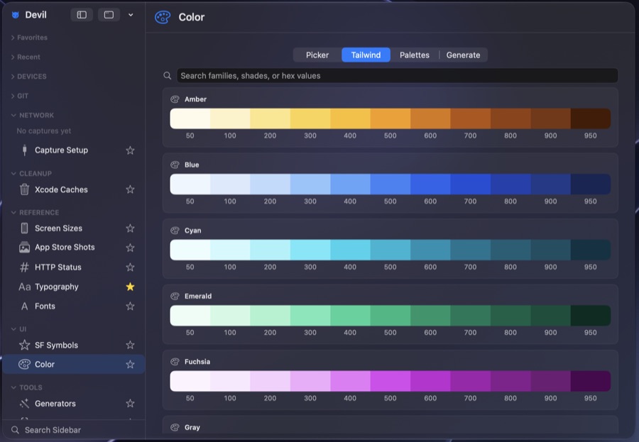 Devil Color reference showing bundled Tailwind families from shade 50 to 950 with a search field.