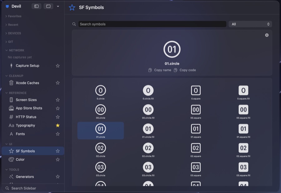 Devil SF Symbols reference with a searchable, category-filtered grid and a large preview of the selected symbol.